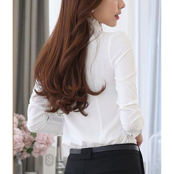 Women's Vintage Pleated Button Down Blouse Chiffon Long Sleeve Stretch - Picture 2 of 6